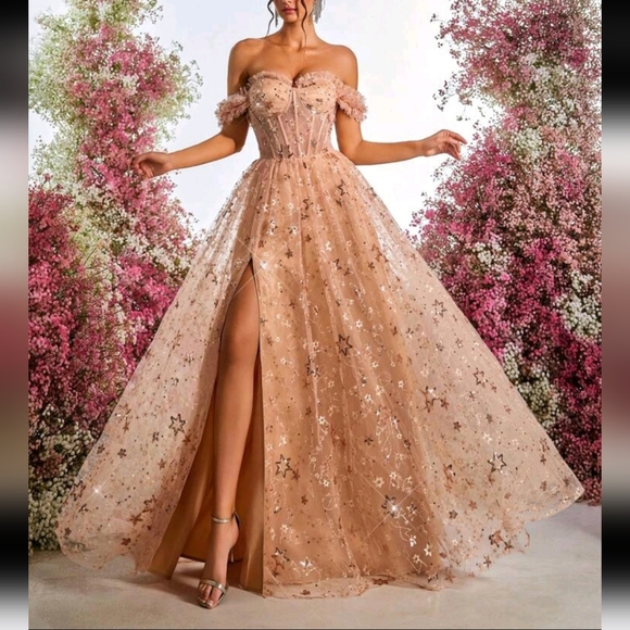 Elegant Champagne Off Shoulder Ruffle Dress With Luxurious Star Sequin Embroider